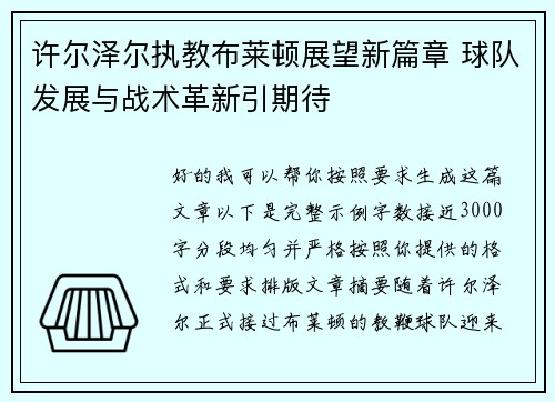 许尔泽尔执教布莱顿展望新篇章 球队发展与战术革新引期待 许尔泽尔执教布莱顿展望新篇章 球队发展与战术革新引期待