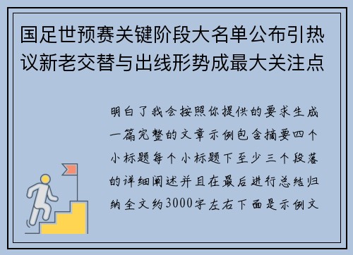 国足世预赛关键阶段大名单公布引热议新老交替与出线形势成最大关注点 国足世预赛关键阶段大名单公布引热议新老交替与出线形势成最大关注点