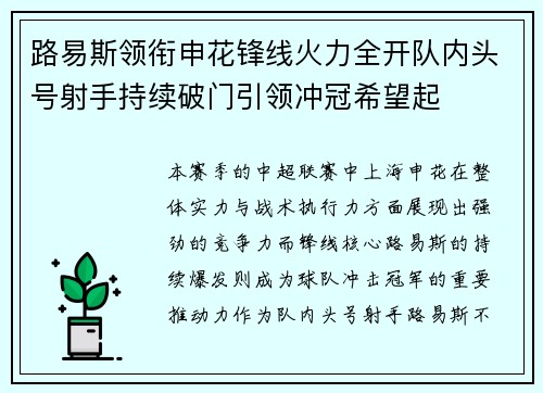 路易斯领衔申花锋线火力全开队内头号射手持续破门引领冲冠希望起 路易斯领衔申花锋线火力全开队内头号射手持续破门引领冲冠希望起