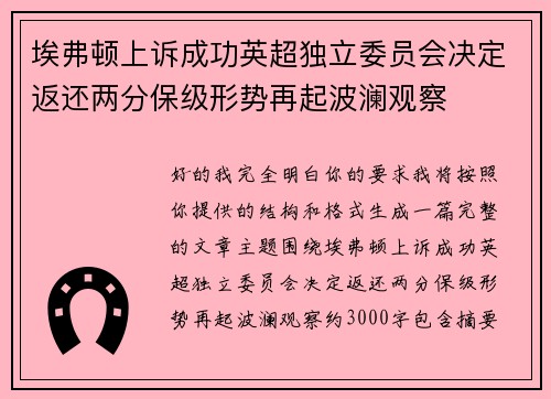 埃弗顿上诉成功英超独立委员会决定返还两分保级形势再起波澜观察 埃弗顿上诉成功英超独立委员会决定返还两分保级形势再起波澜观察